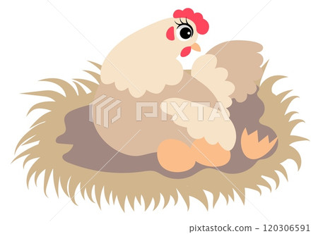 Farm Animals. Cute farm. A surprised chicken sits in a nest with eggs. Collection of farm animals. Baby flat vector illustration. 120306591