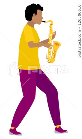 Vector people. Black musician plays beautiful music on saxophone, solo performance. Playing jazz or blues. Vector people. Black musician plays beautiful music on saxophone, solo performance. Playing jazz or blues. 120306610