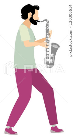 Vector people. White musician plays a melody on a saxophone, solo performance. Playing jazz or blues. Vector people. White musician plays a melody on a saxophone, solo performance. Playing jazz or blues. 120306614