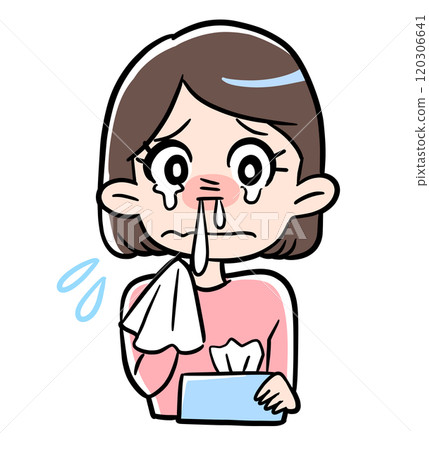 A woman blowing her runny nose with a tissue 120306641