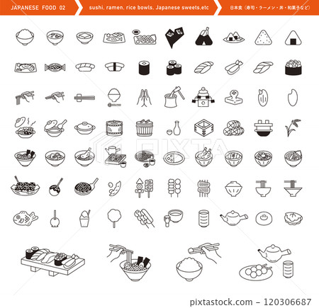 Set of Japanese food icons. Vector illustrations of sushi, ramen, etc. Japanese food ingredients. Set of Japanese food icons. Vector illustrations of sushi, ramen, etc. Japanese food ingredients. 120306687