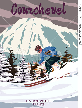 Vintage Travel poster Ski Courchevel resort. France winter landscape travel card 120306692