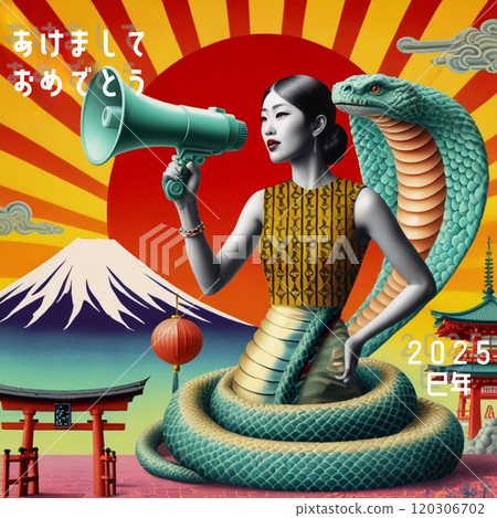 New Year's card template: Snake girl shouting with a megaphone 120306702
