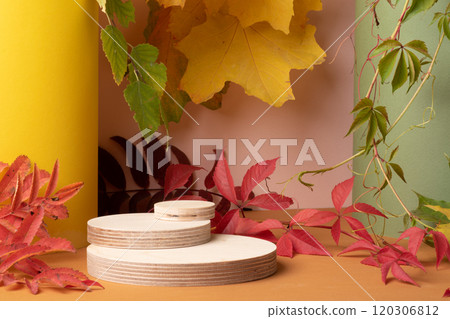 Three autumn catwalks made of natural wood with autumn shades of orange, yellow, green, red. Showcase, product presentation. A minimalistic branding scene. 120306812