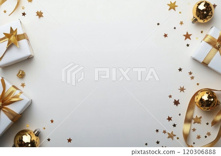 Elegant black and gold holiday decorations with gifts and ornaments on a white background 120306888