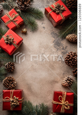 Decorative holiday gifts surrounded by pine cones and greenery on a festive surface 120306889