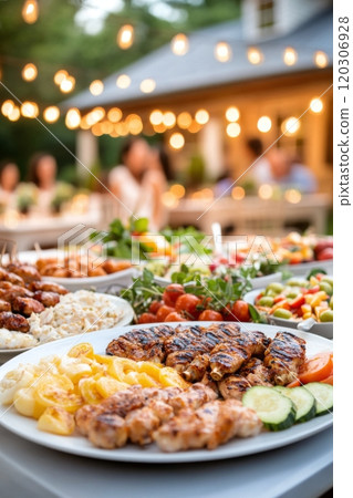 Outdoor summer barbecue party with grilled meats and fresh sides under string lights 120306928