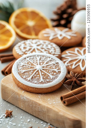 Festively decorated gingerbread cookies with winter spices, displayed beautifully 120306935