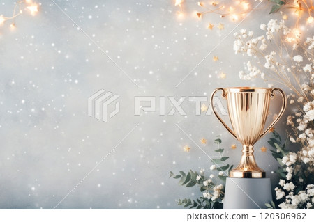 Golden trophy surrounded by flowers and fairy lights for celebratory event at night 120306962