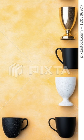 Trophy collection on yellow background displaying achievements in various competitions and events 120306977