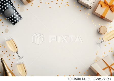 Celebratory scene with champagne and gifts for a festive occasion on a light background 120307035