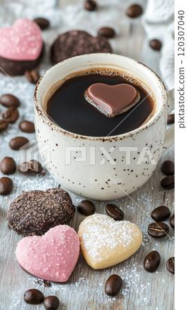 Warm cup of coffee served with heart shaped chocolate on a gray surface with coffee beans Warm cup of coffee served with heart shaped chocolate on a gray surface with coffee beans 120307040