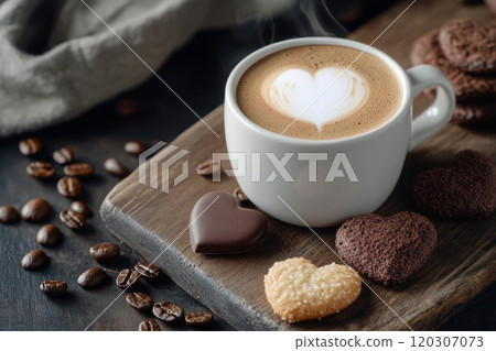 Warm cup of coffee with heart shaped cookies and scattered coffee beans on wooden board 120307073