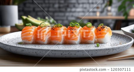 Fresh sushi rolls with salmon and toppings arranged on a serving plate in a cozy dining setting 120307111