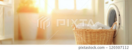 Bright laundry room in the morning with a washing machine and a basket of clean clothes 120307112