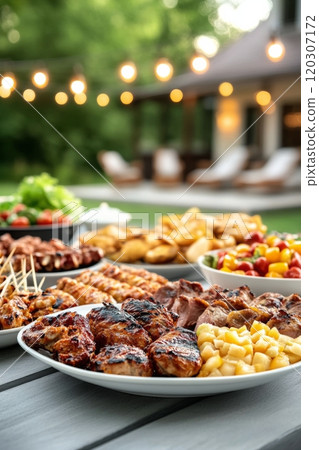 Outdoor summer barbecue party with grilled meats and fresh sides under string lights 120307172