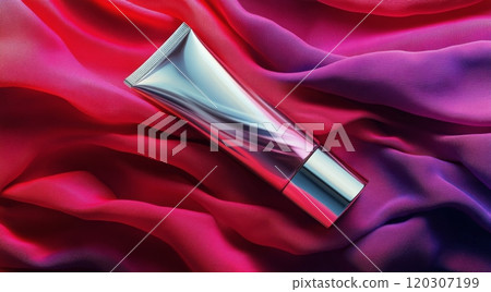 Shiny cosmetic tube placed elegantly on vibrant silk fabric with purple and red hues 120307199