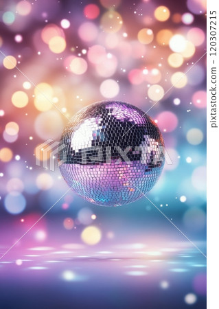 A colorful disco ball reflecting light in a vibrant party atmosphere 120307215