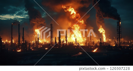Industrial fire illuminates dark sky at oil refinery during night in a dramatic display Industrial fire illuminates dark sky at oil refinery during night in a dramatic display 120307228