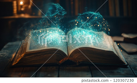 An open book surrounded by glowing sparks in a dark, mystical setting at night 120307230