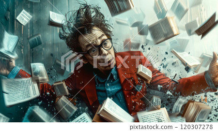 Flustered Writer Amidst a Storm of Flying Books 120307278