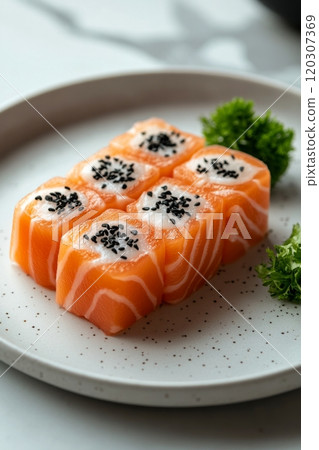 Delicious salmon cubes arranged beautifully on a decorative plate with specks and garnish Delicious salmon cubes arranged beautifully on a decorative plate with specks and garnish 120307369