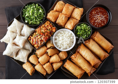 Variety of delicious Asian inspired dishes served on a dark wooden table with rice and spring rolls 120307399