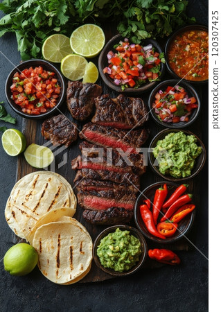 Savory grilled steak with fresh accompaniments served on a wooden platter in vibrant colors 120307425