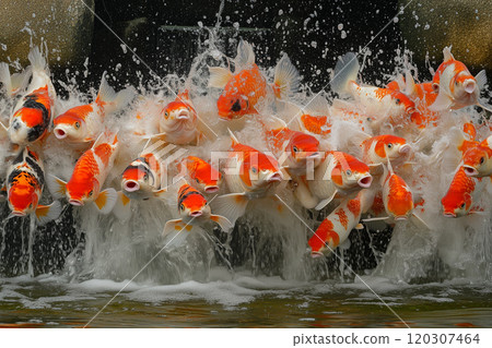 Dynamic Underwater Scene of Vibrant Koi Fish Swimming Through Water with Splashes, Showcasing a Colorful Display of Nature Aquatic Life and Graceful Movement 120307464