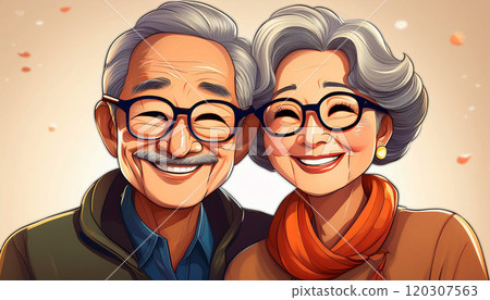 a happy senior couple, both wearing glasses and exuding warmth and positivity. The vibrant artwork captures their joyful expressions, with detailed features, rich color, life celebration, AI-generated 120307563