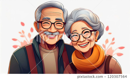 a happy senior couple, both wearing glasses and exuding warmth and positivity. The vibrant artwork captures their joyful expressions, with detailed features, rich color, life celebration, AI-generated 120307564