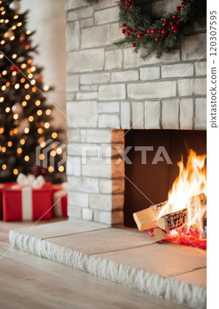 Cozy holiday setting with a decorated tree, fireplace, and festive wreath in a modern room 120307595