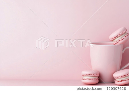 Colorful macarons next to a pink mug on a light blue background during a cozy afternoon 120307628