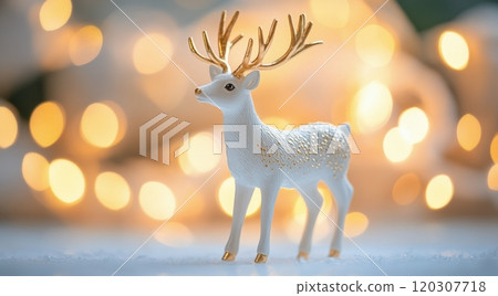Elegant white deer figurine surrounded by warm festive lights at holiday season 120307718