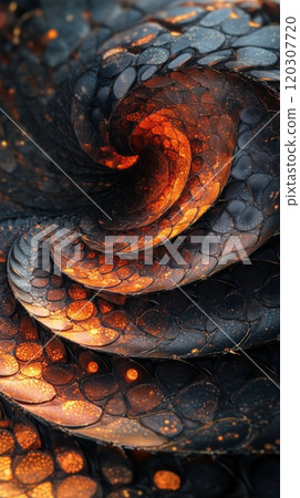 Detailed textured surface of overlapping metallic scales in an artistic design on a structure Detailed textured surface of overlapping metallic scales in an artistic design on a structure 120307720