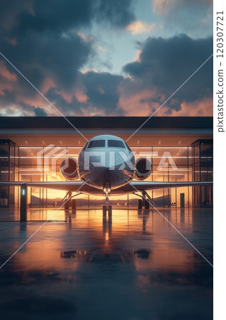 A sleek private jet parked at a modern terminal during sunset with dramatic clouds in the sky A sleek private jet parked at a modern terminal during sunset with dramatic clouds in the sky 120307721