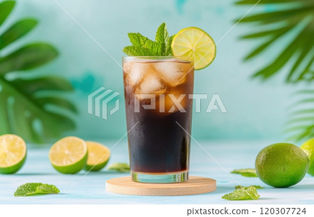 Refreshing iced drink with lime and mint served on a summer day surrounded by tropical greenery 120307724