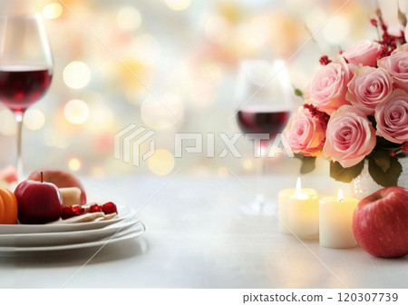 Romantic setting with roses, candles, and wine glasses for a cozy evening celebration 120307739