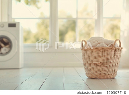 Cozy laundry room with wicker basket holding fresh linens near bright window 120307748