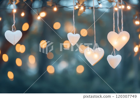 Beautiful heart decorations hanging in the evening light during a romantic outdoor event 120307749