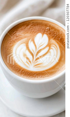 Perfectly crafted latte art in a white ceramic cup placed on a saucer with delicate designs 120307784
