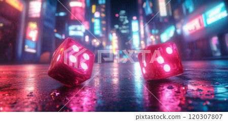 Glistening neon dice on a wet urban street during a vibrant night scene in a bustling city 120307807