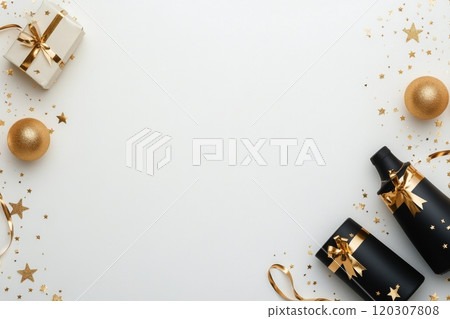 Elegant black and gold holiday decorations with gifts and ornaments on a white background 120307808