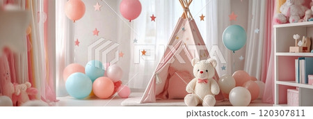 Cozy play area with pastel colors, balloons, and a teddy bear in a childrens room 120307811