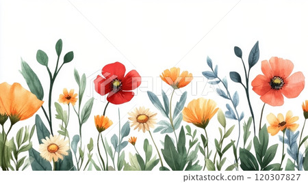 Colorful watercolor flowers blooming in a garden with vibrant foliage and a light background 120307827