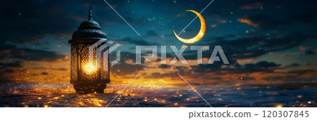 Elegant lantern glowing under the crescent moon in a serene night sky with stars 120307845