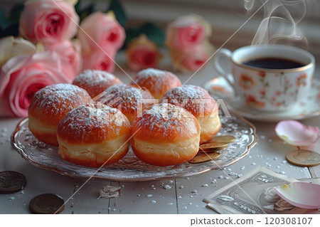 Delicious and delectable Doughnuts served alongside Coffee and beautifully arranged Roses 120308107