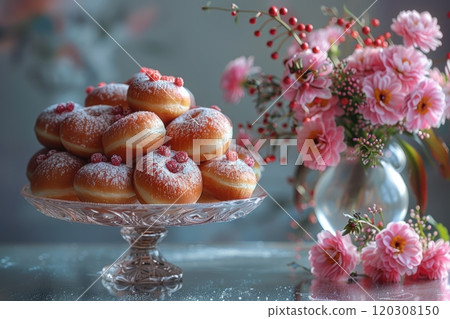 Indulge in these Delicious Donuts beautifully arranged with Flowers under Soft Lighting 120308150