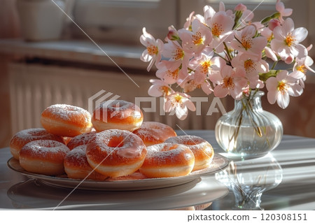 Deliciously Freshly Baked Donuts Presented Beautifully with Lively Blossoming Flowers 120308151