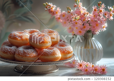 Enjoy these delicious donuts with pink blossoms, beautifully presented in a vintage setting 120308152